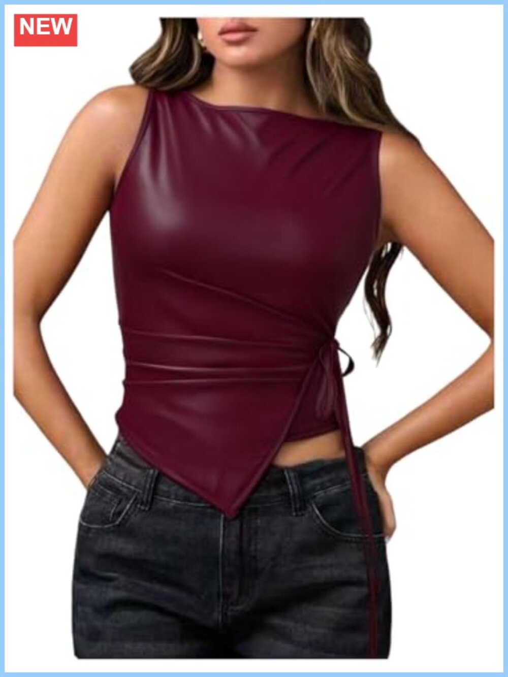 Faux Leather Crop Tank Top Boat Neck Sleeveless Knot Side Party Club Top
